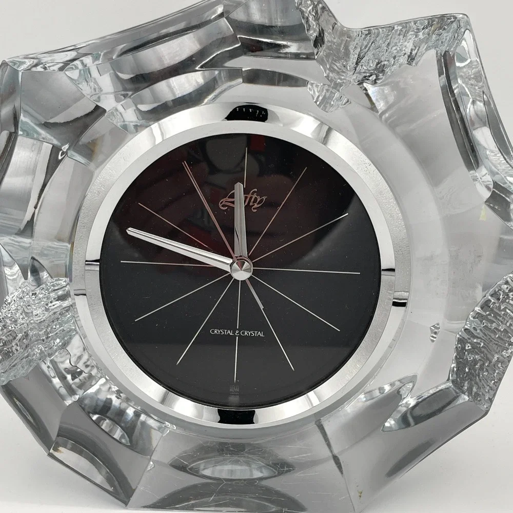 Hoya Crystal Quartz Clock Sculptural Japanese Lead Crystal Mantel Desk Clock